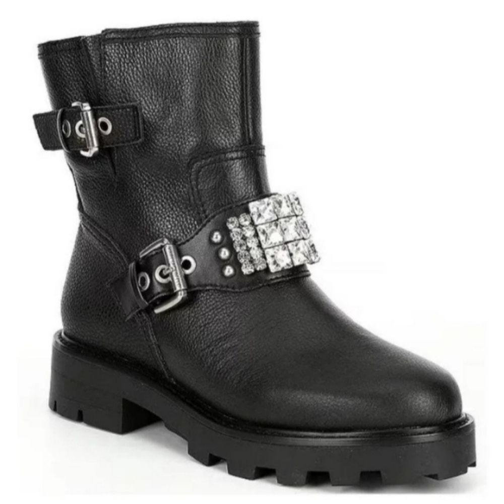 Size 7.5 New KARL LAGERFELD PARIS Martina Leather Rhinestone Lug Sole Platform